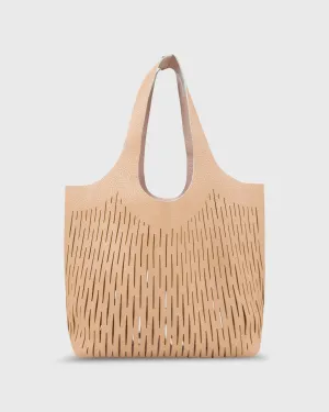 Reversible Laser-Cut Bucket Bag in Camel/Blush Leather