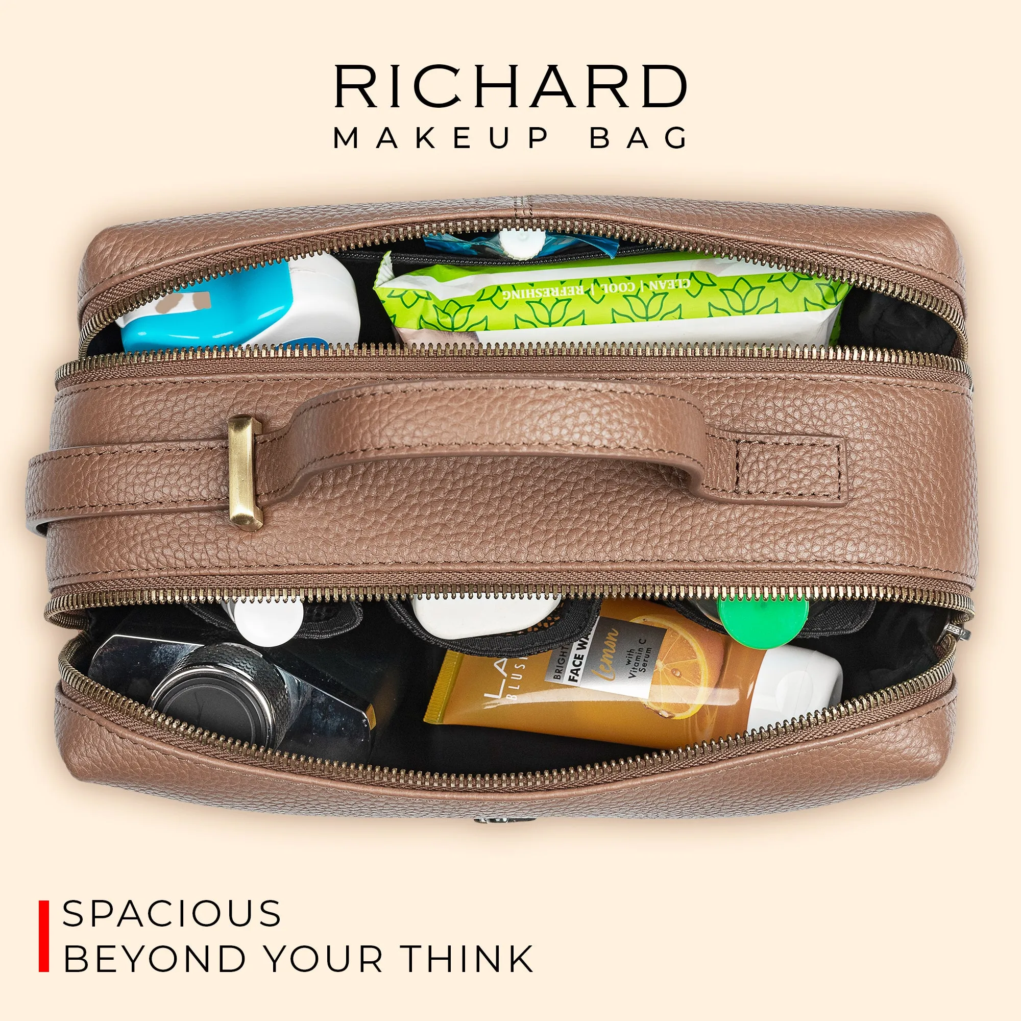 Richard's Genuine Leather Makeup Bag for Women | Makeup Organizer Bag | Cosmetic bag for Travel | color: Tan, Black, Blue, Brown, Green