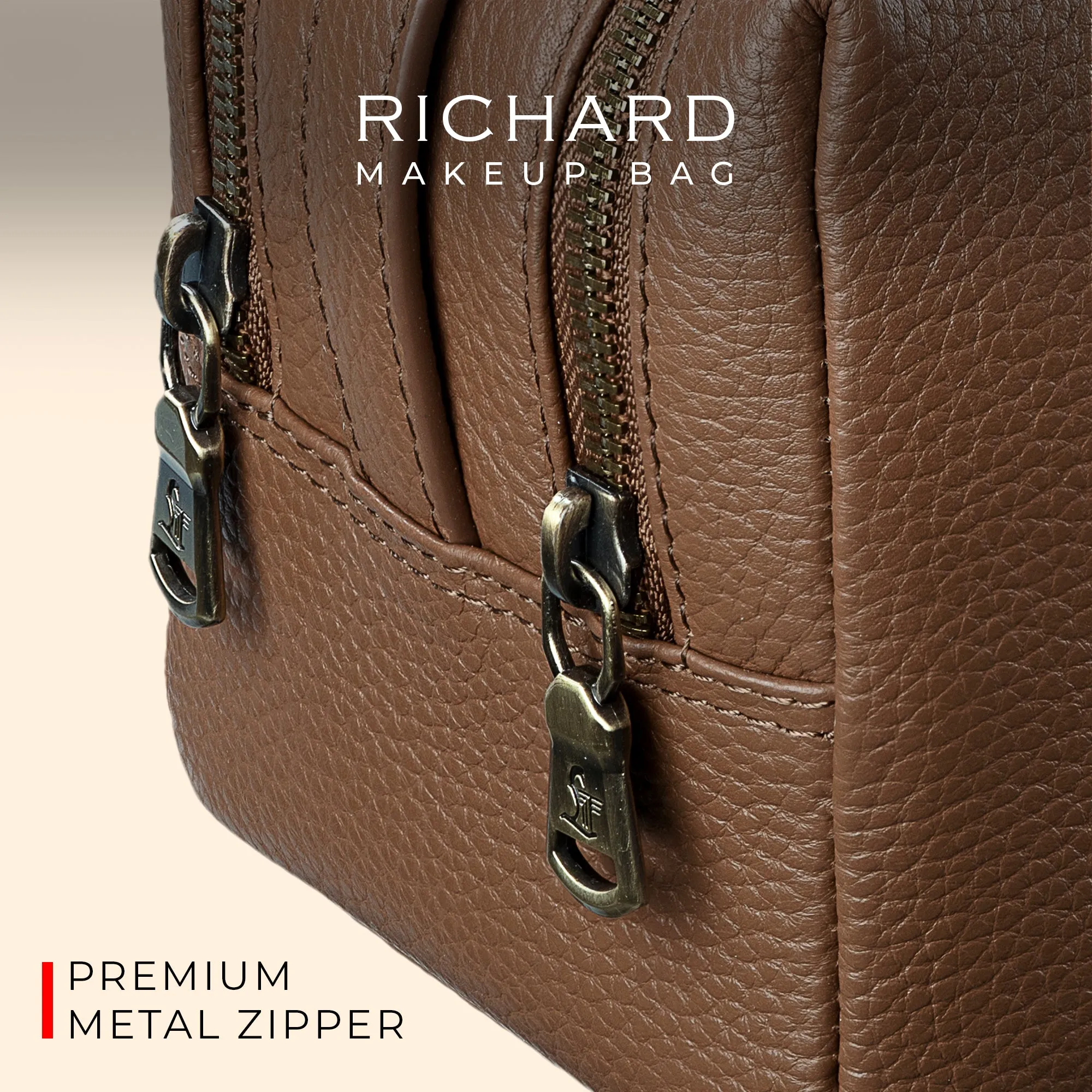 Richard's Genuine Leather Makeup Bag for Women | Makeup Organizer Bag | Cosmetic bag for Travel | color: Tan, Black, Blue, Brown, Green