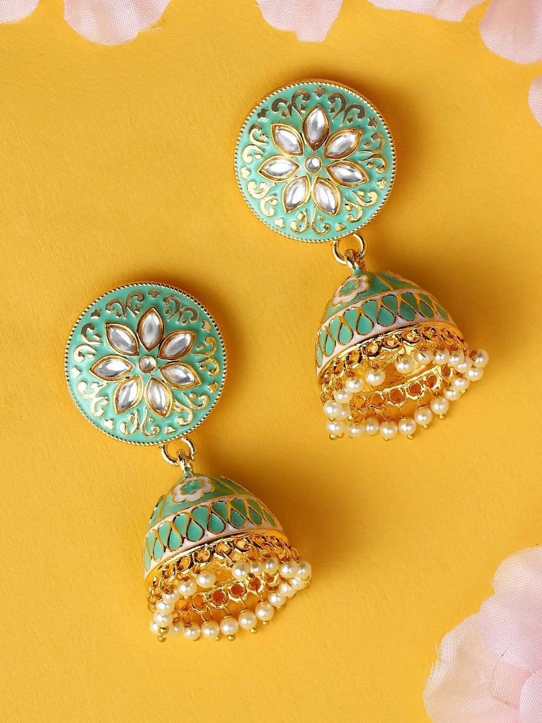 Rubans Gold Toned Handcrafted Enamel Stone Jhumka Earring