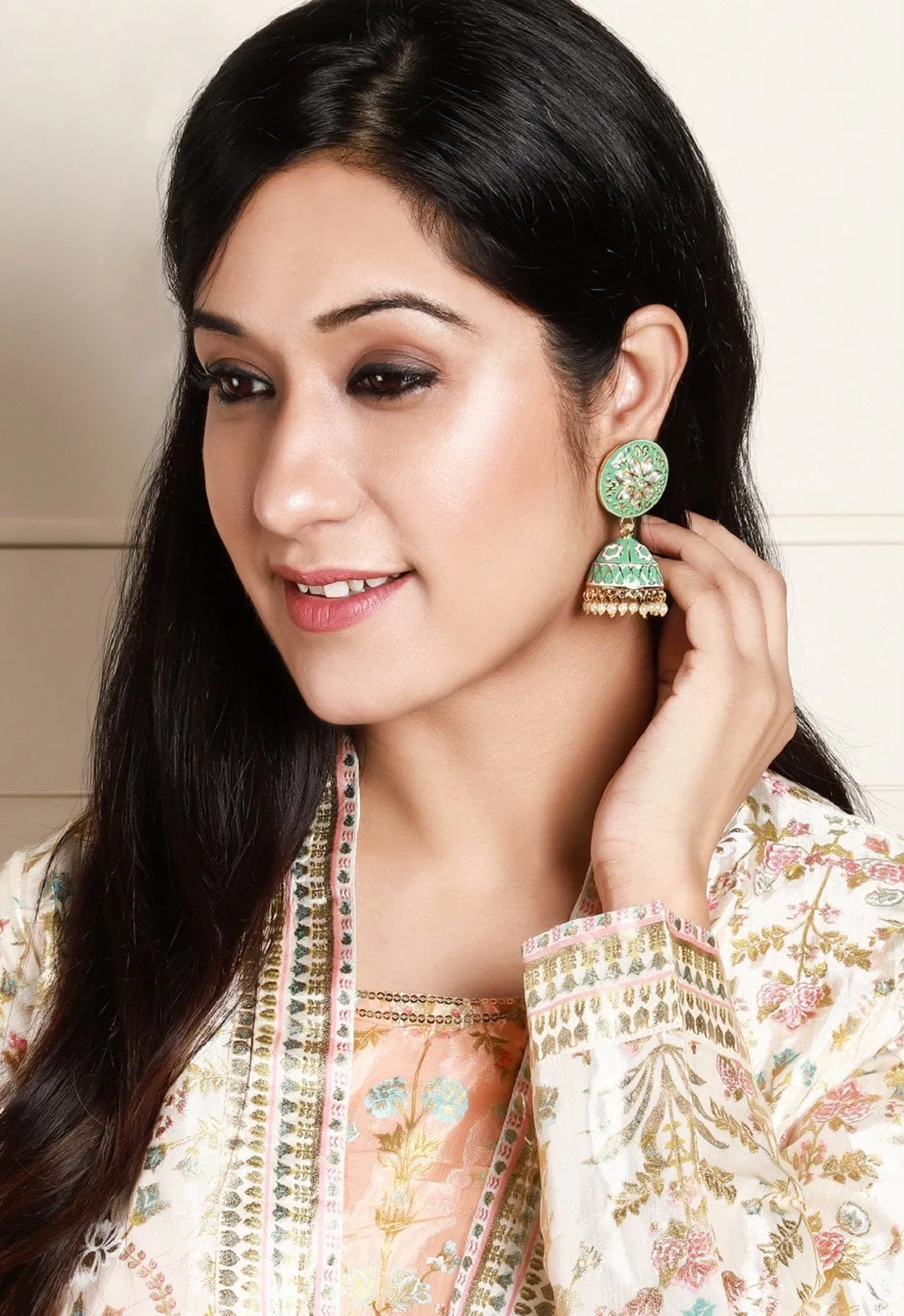 Rubans Gold Toned Handcrafted Enamel Stone Jhumka Earring