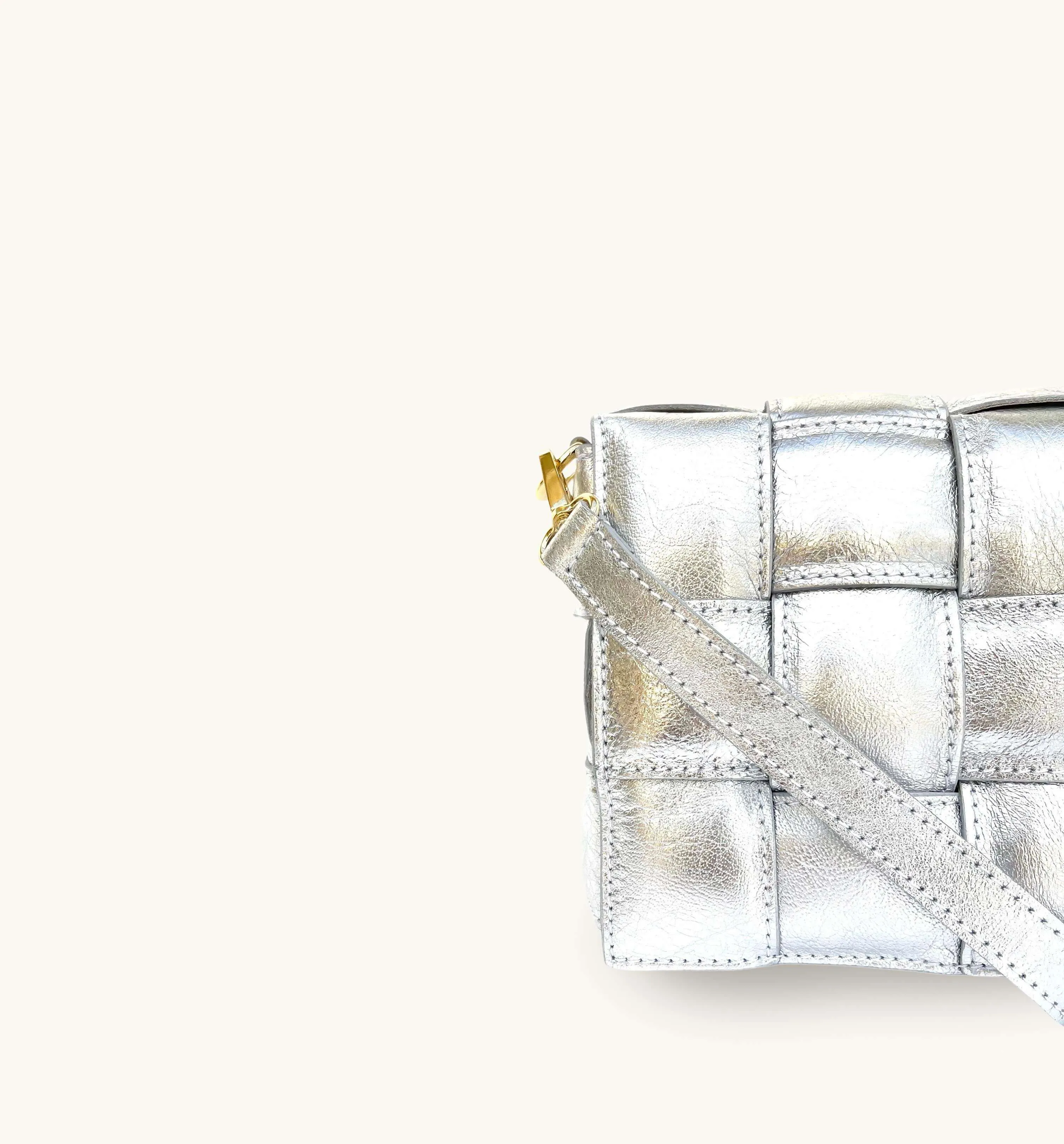 Silver Padded Woven Leather Crossbody Bag