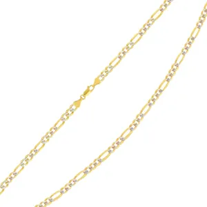 Solid 14k Yellow Gold 2mm Pave Two-Tone Figaro Link Chain Necklace with Lobster Claw Clasp