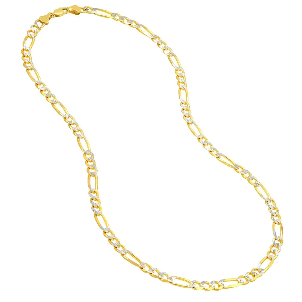 Solid 14k Yellow Gold 2mm Pave Two-Tone Figaro Link Chain Necklace with Lobster Claw Clasp