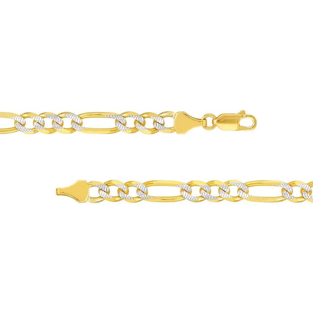 Solid 14k Yellow Gold 2mm Pave Two-Tone Figaro Link Chain Necklace with Lobster Claw Clasp