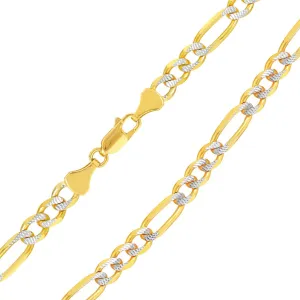 Solid 14k Yellow Gold 6.5mm Pave Two-Tone Figaro Link Chain Necklace with Lobster Claw Clasp