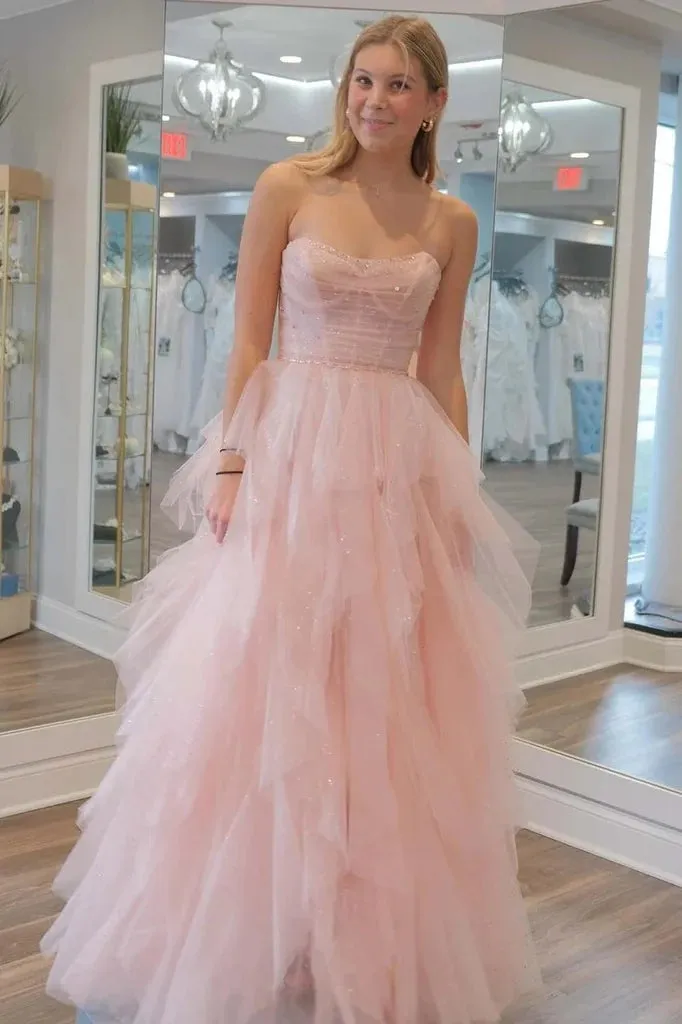 Strapless Sequin Beaded Tulle Stunning Light Pink Prom Dresses