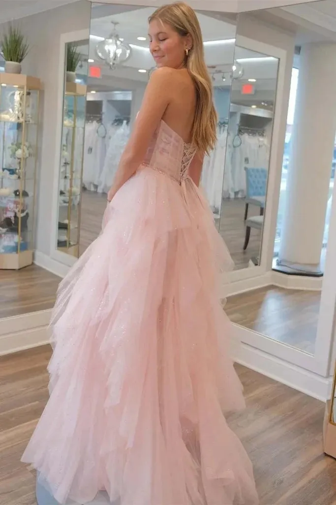 Strapless Sequin Beaded Tulle Stunning Light Pink Prom Dresses