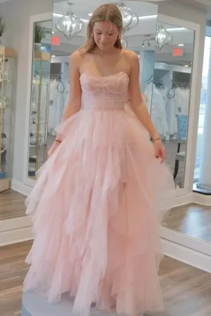 Strapless Sequin Beaded Tulle Stunning Light Pink Prom Dresses