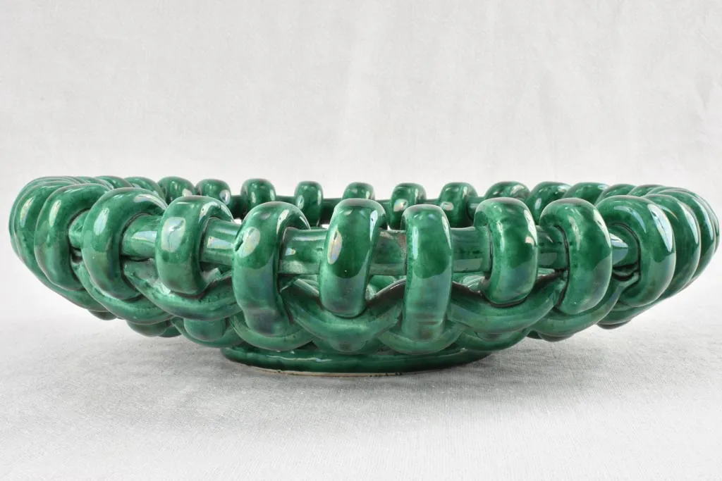 Stunning 1960s woven bowl Jerome Massier green glaze 13"