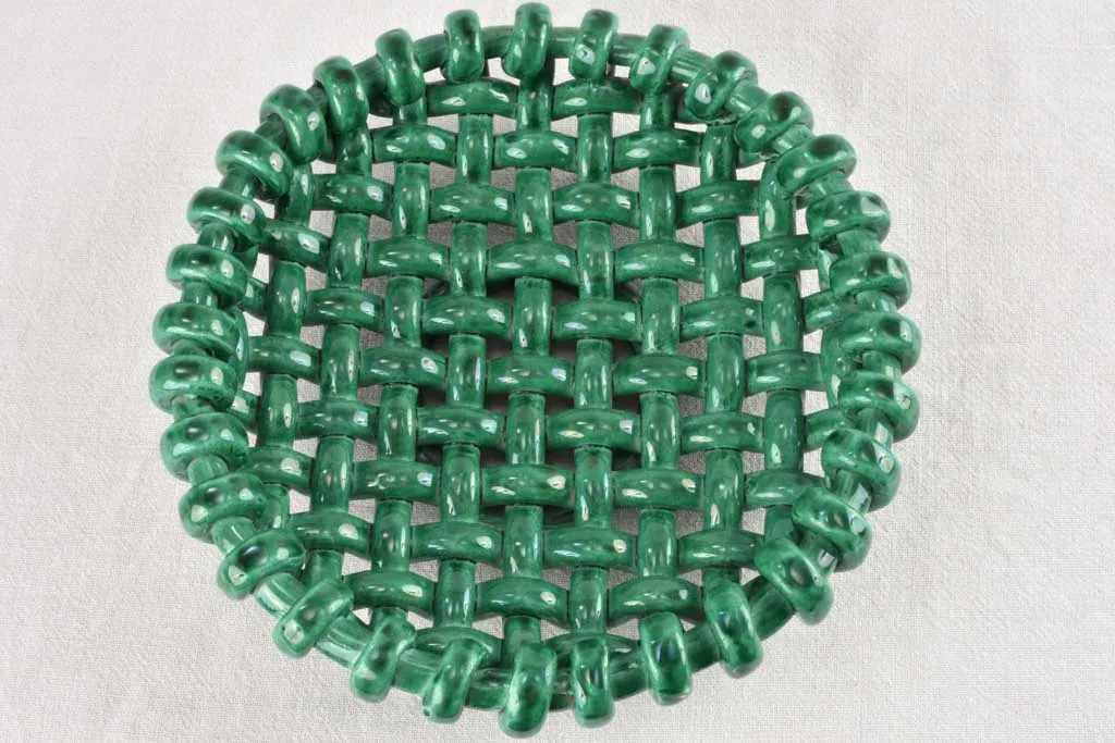 Stunning 1960s woven bowl Jerome Massier green glaze 13"