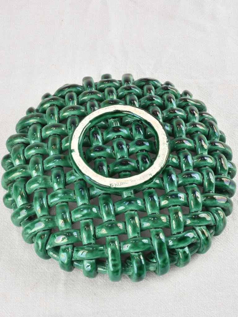 Stunning 1960s woven bowl Jerome Massier green glaze 13"