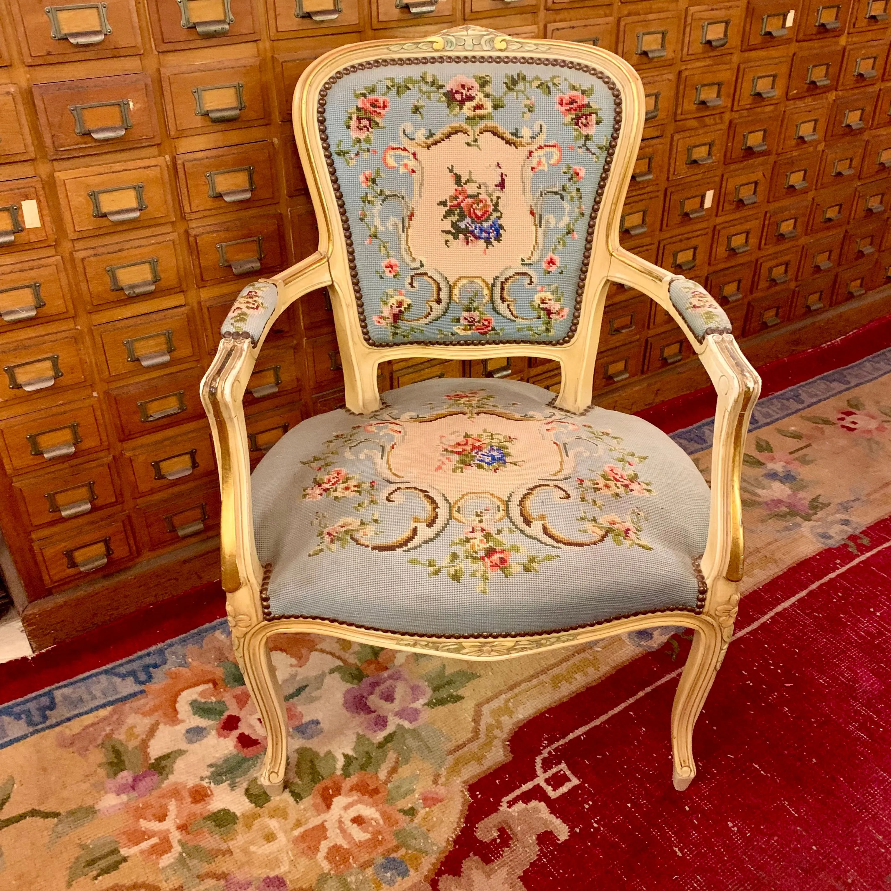 Stunning Antique Blue and Floral Needlepoint Armchair