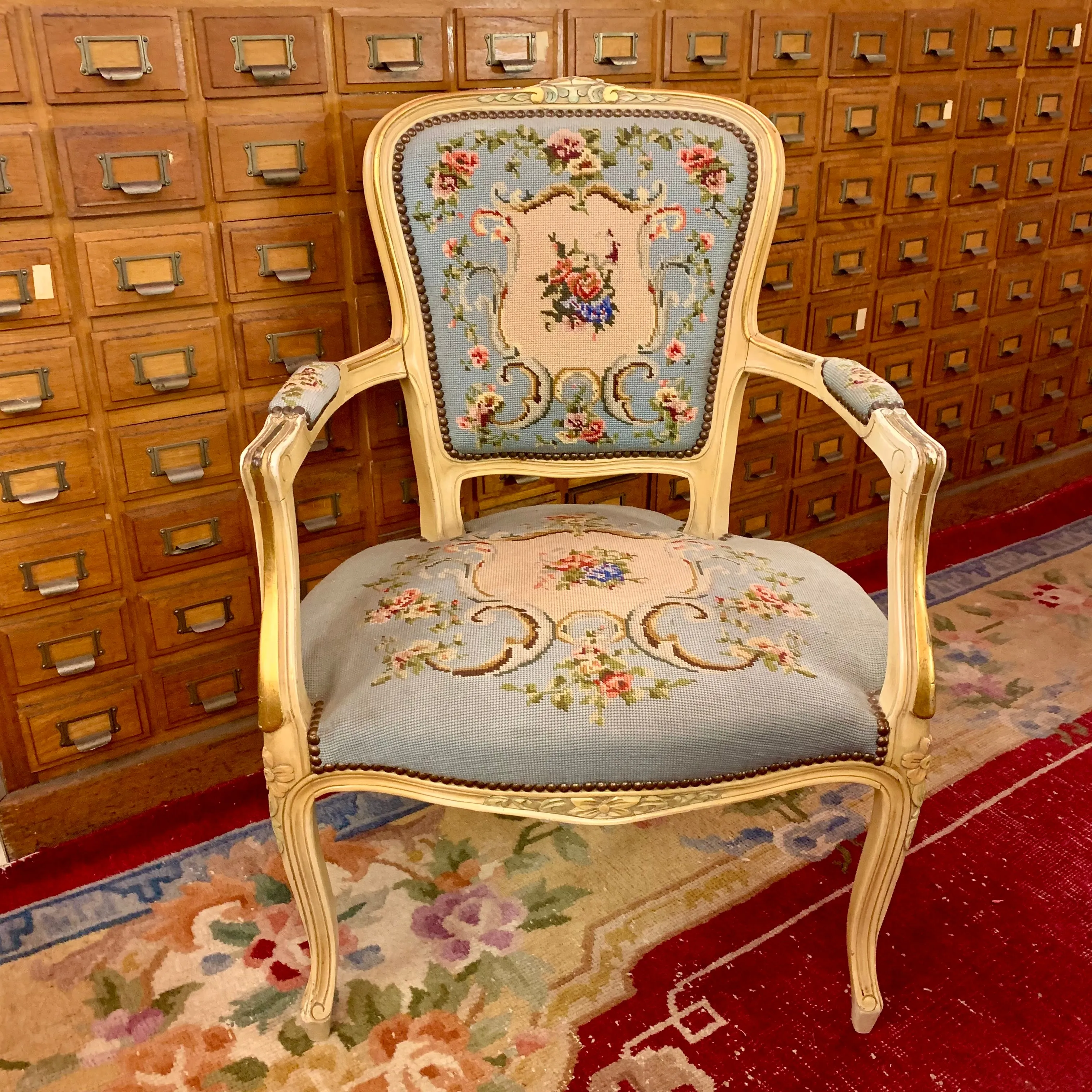 Stunning Antique Blue and Floral Needlepoint Armchair