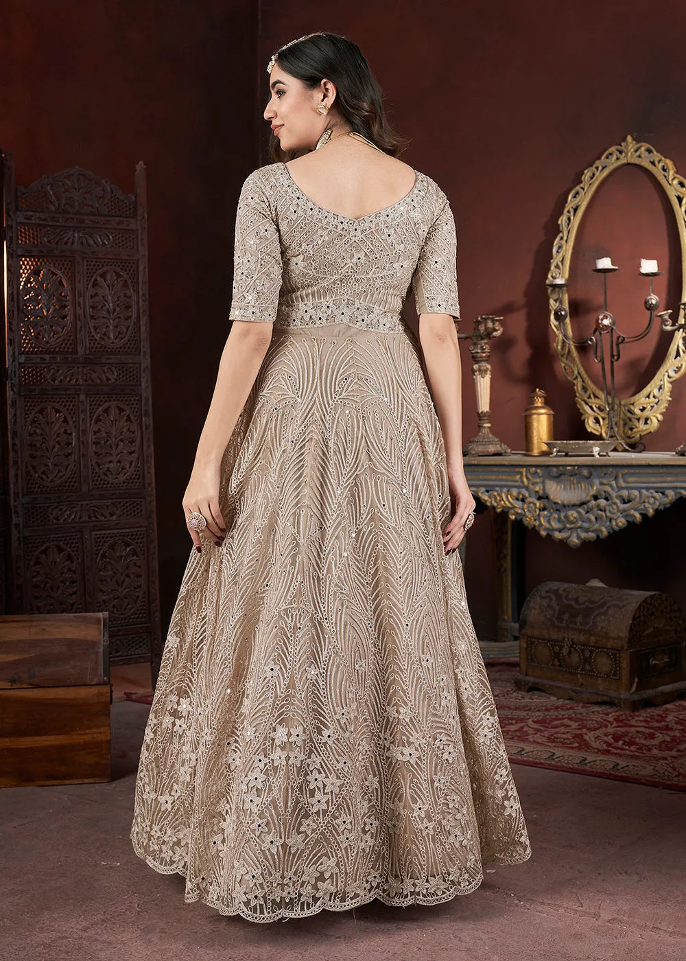 Stunning Beige Zarkan Heavy Worked Bridesmaids Gown