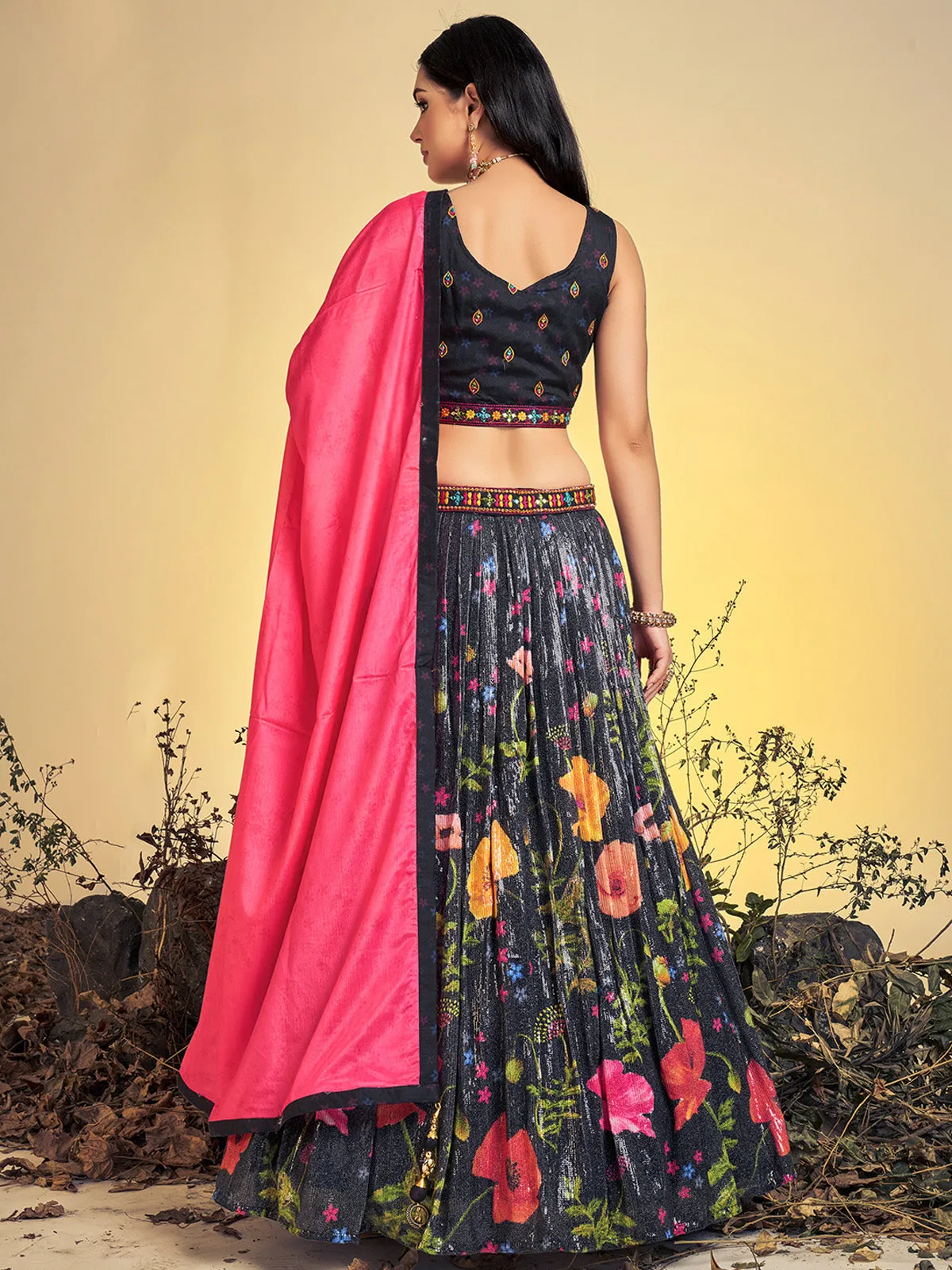 Stunning Black Art Silk Sequins Work Stitched Lehenga Choli Set