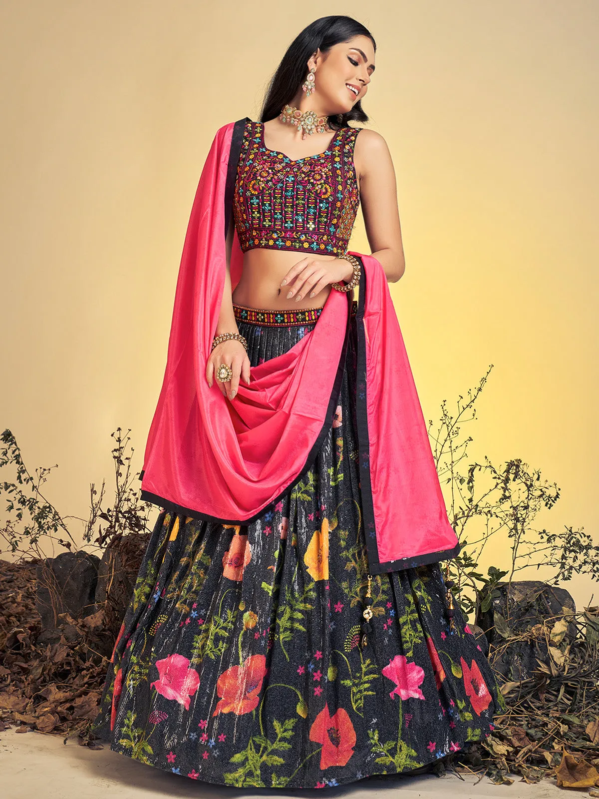 Stunning Black Art Silk Sequins Work Stitched Lehenga Choli Set