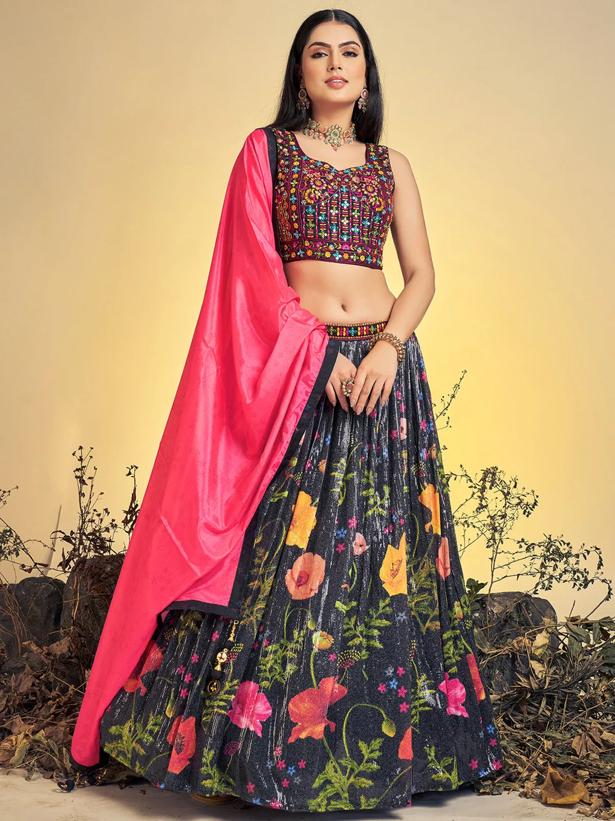 Stunning Black Art Silk Sequins Work Stitched Lehenga Choli Set