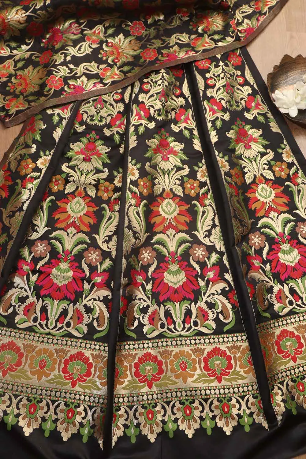 Stunning Black Banarasi Silk Unstitched Meenakari Lehenga Set