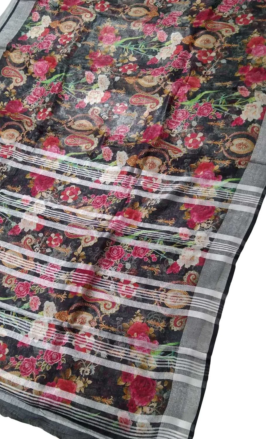 Stunning Black Floral Linen Saree - Digital Print