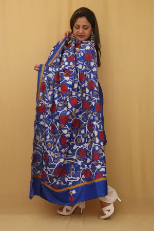 Stunning Blue Kantha Silk Dupatta with Hand Embroidery