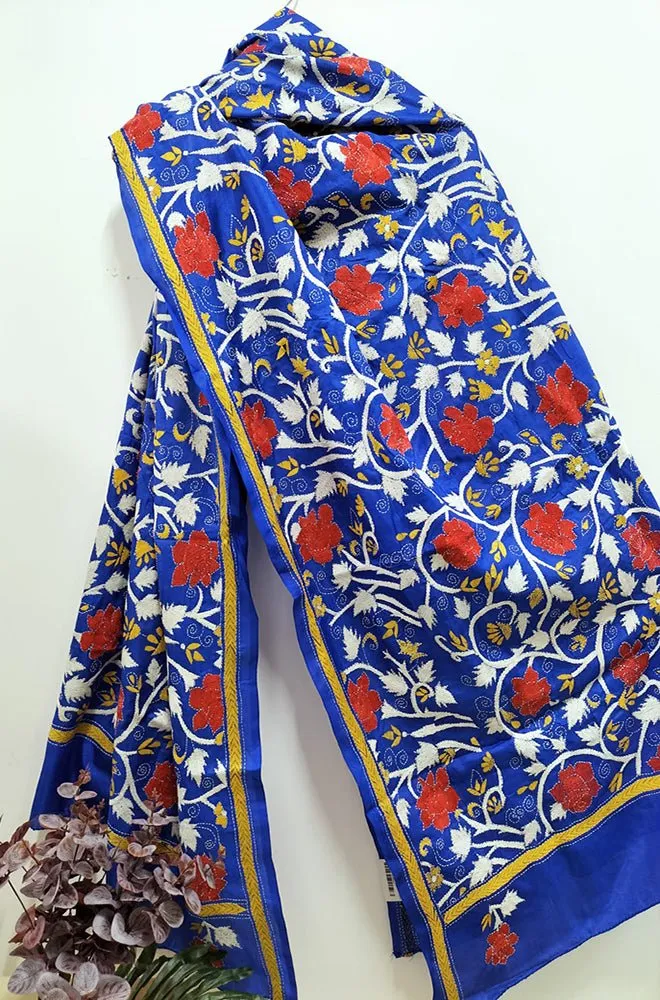 Stunning Blue Kantha Silk Dupatta with Hand Embroidery