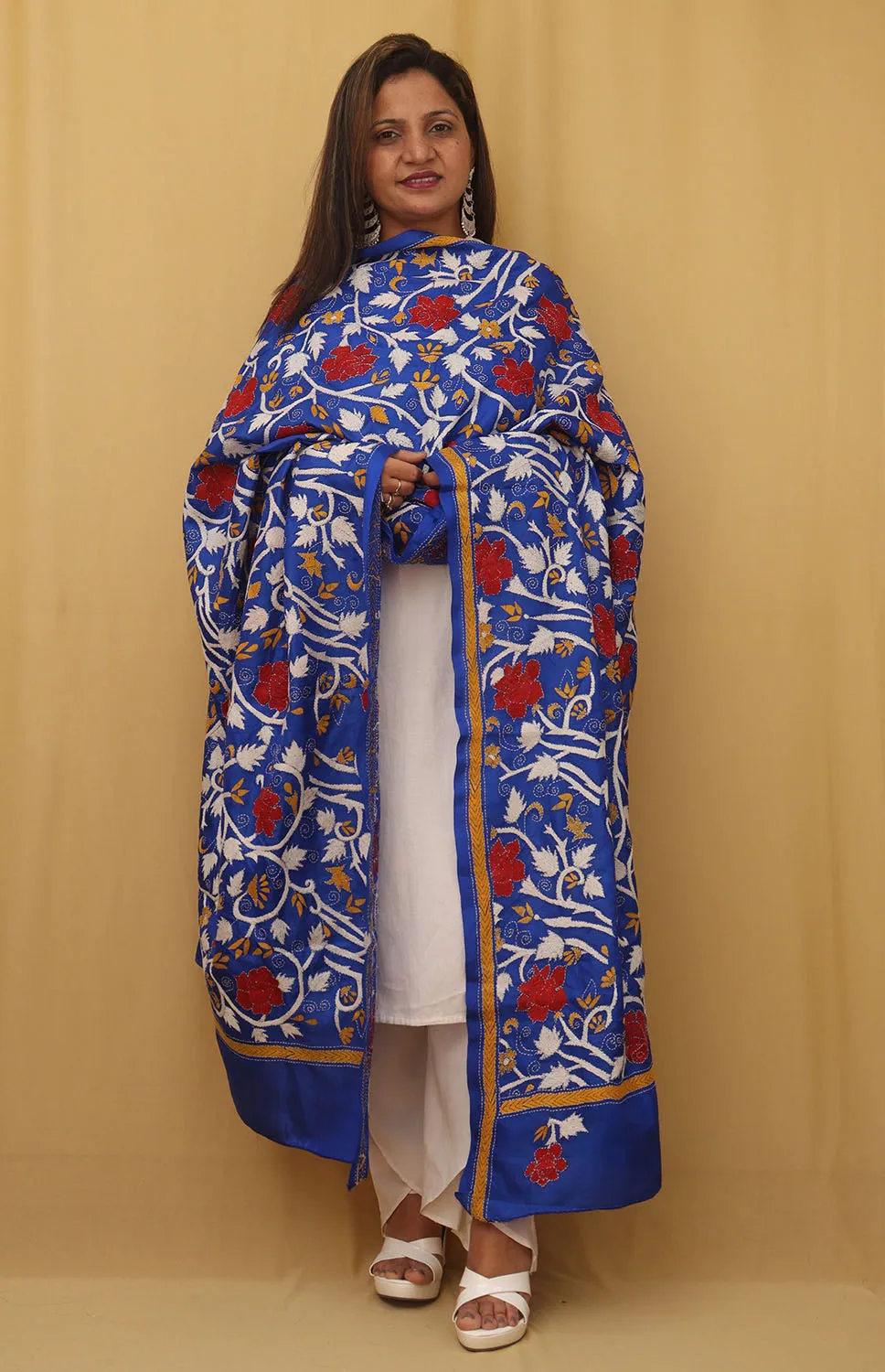 Stunning Blue Kantha Silk Dupatta with Hand Embroidery