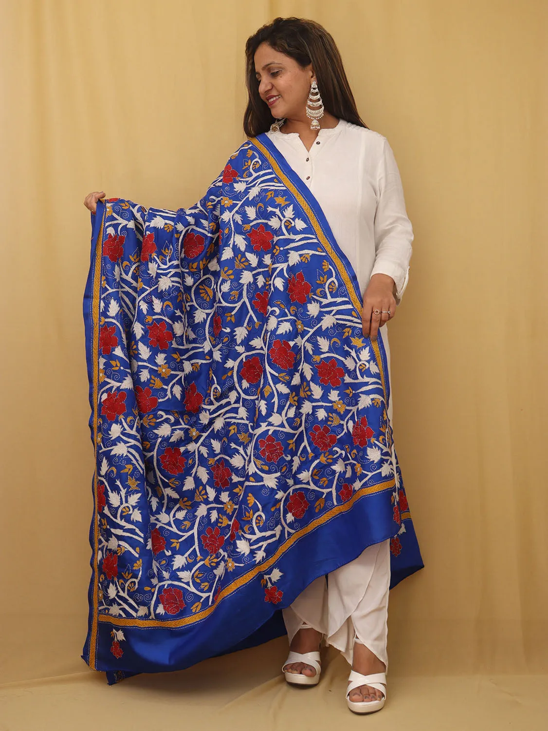 Stunning Blue Kantha Silk Dupatta with Hand Embroidery