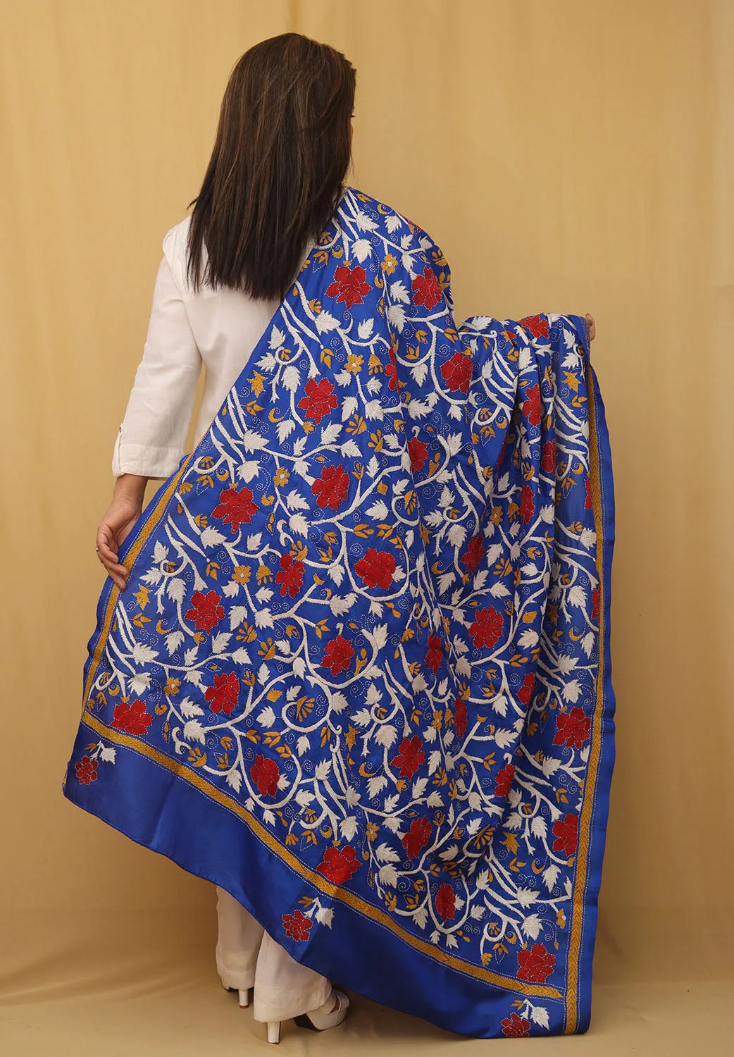 Stunning Blue Kantha Silk Dupatta with Hand Embroidery