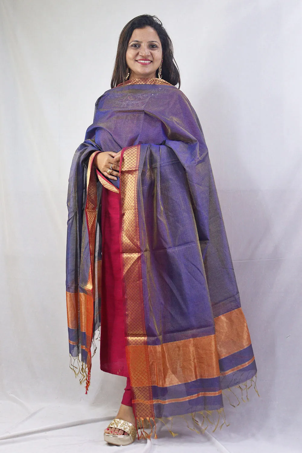 Stunning Blue Maheshwari Tissue Silk Dupatta - Handloom Cotton Weave