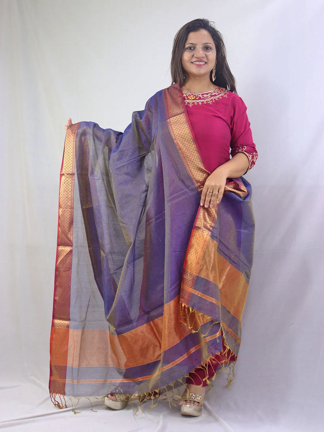 Stunning Blue Maheshwari Tissue Silk Dupatta - Handloom Cotton Weave