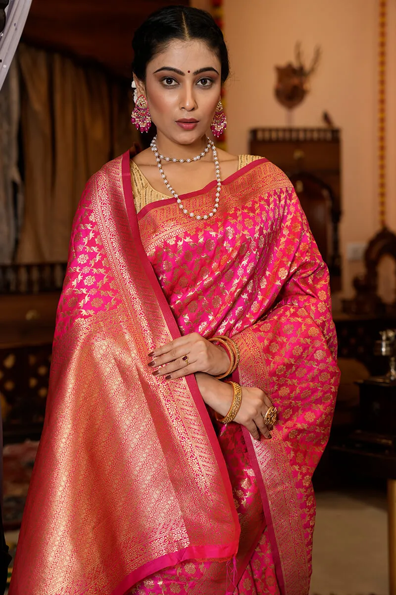 Stunning Dark Pink Kanjivaram Silk With Eloquence Blouse Piece