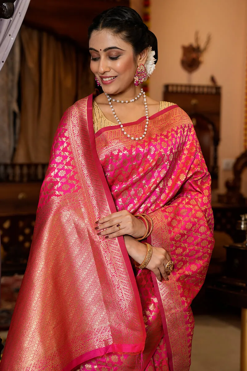 Stunning Dark Pink Kanjivaram Silk With Eloquence Blouse Piece