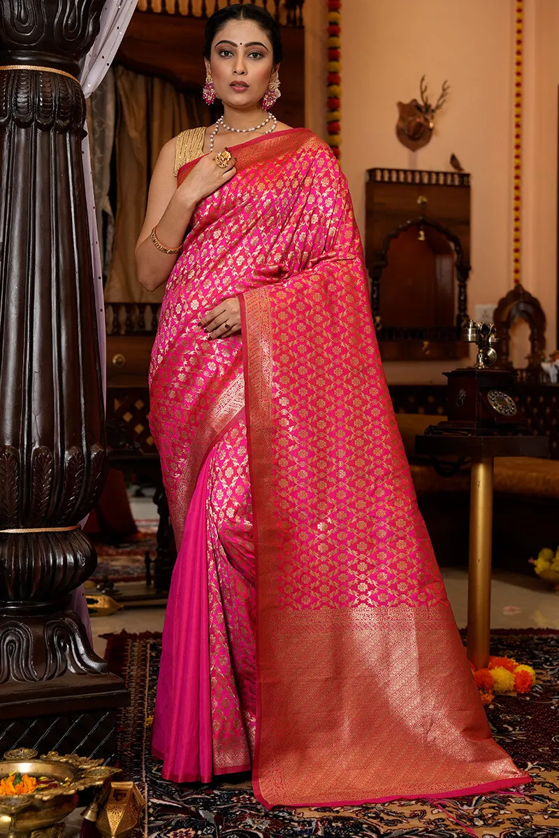 Stunning Dark Pink Kanjivaram Silk With Eloquence Blouse Piece