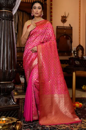 Stunning Dark Pink Kanjivaram Silk With Eloquence Blouse Piece