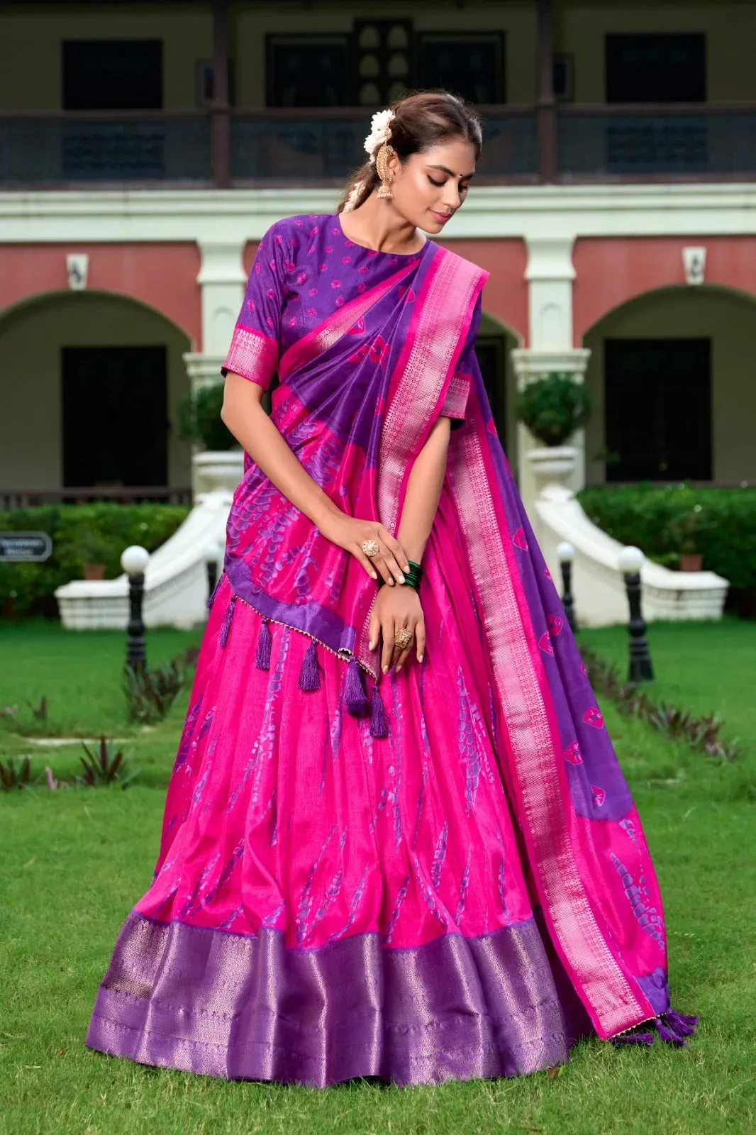 Stunning Dola Silk Shibori Printed Purple lehenga Choli