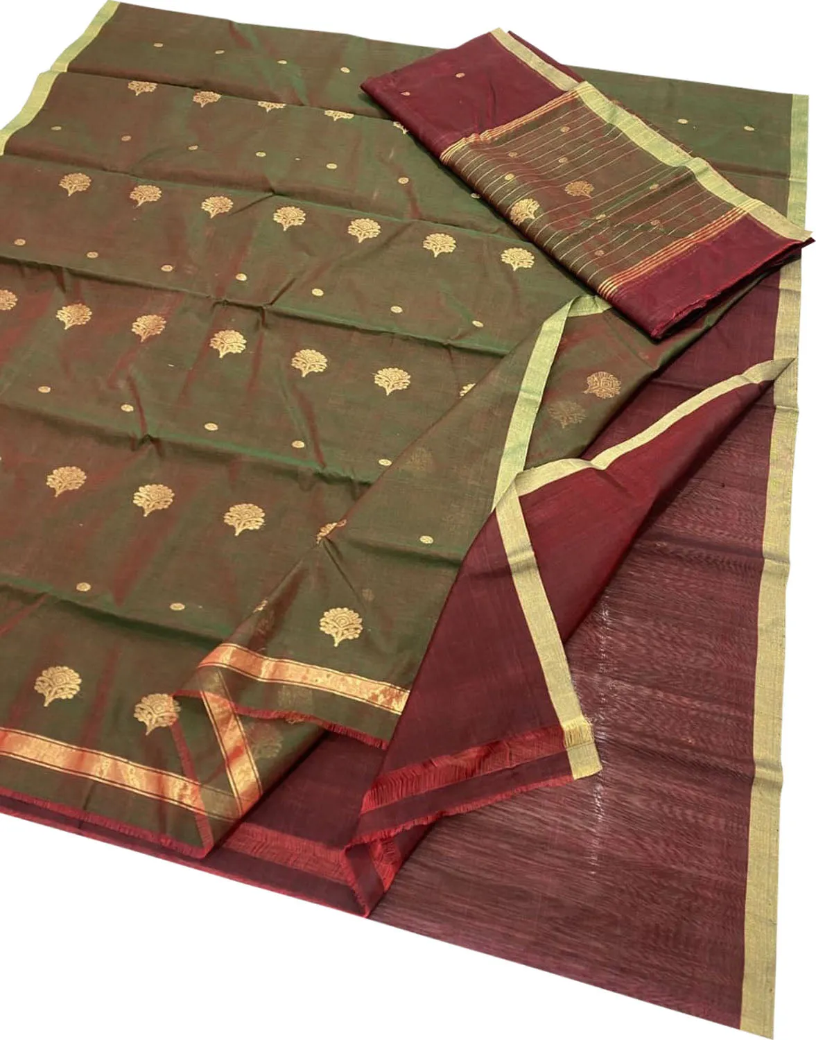 Stunning Green & Maroon Chanderi Handloom Silk Cotton Suit Set