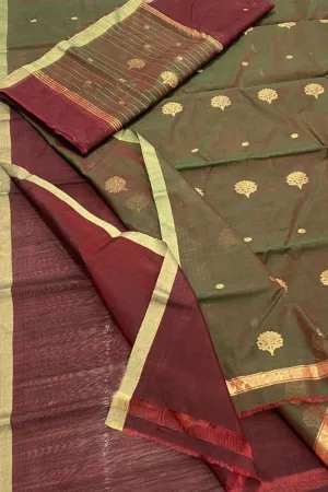 Stunning Green & Maroon Chanderi Handloom Silk Cotton Suit Set