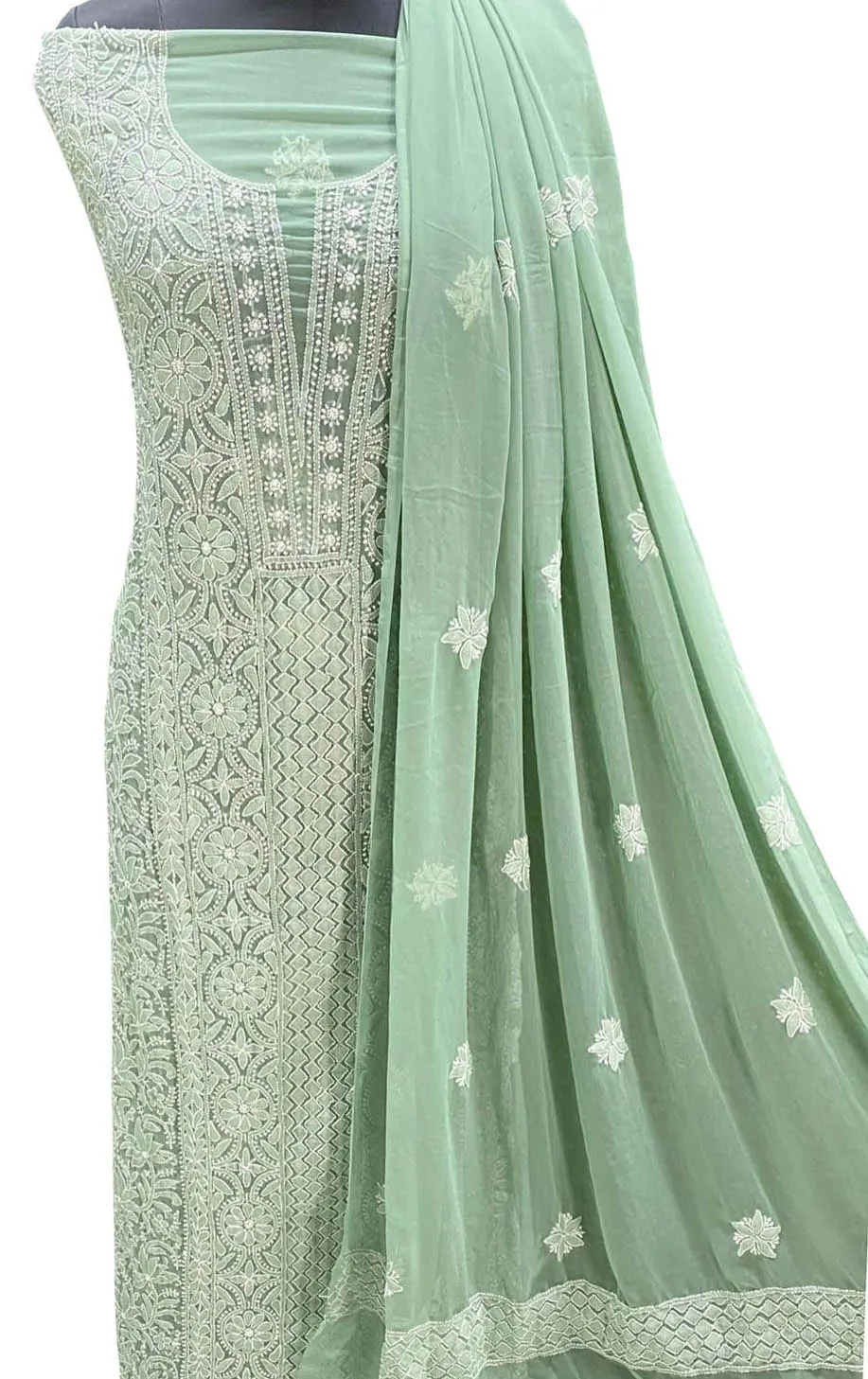 Stunning Green Hand Chikankari Chiffon Georgette Suit Set - Unstitched