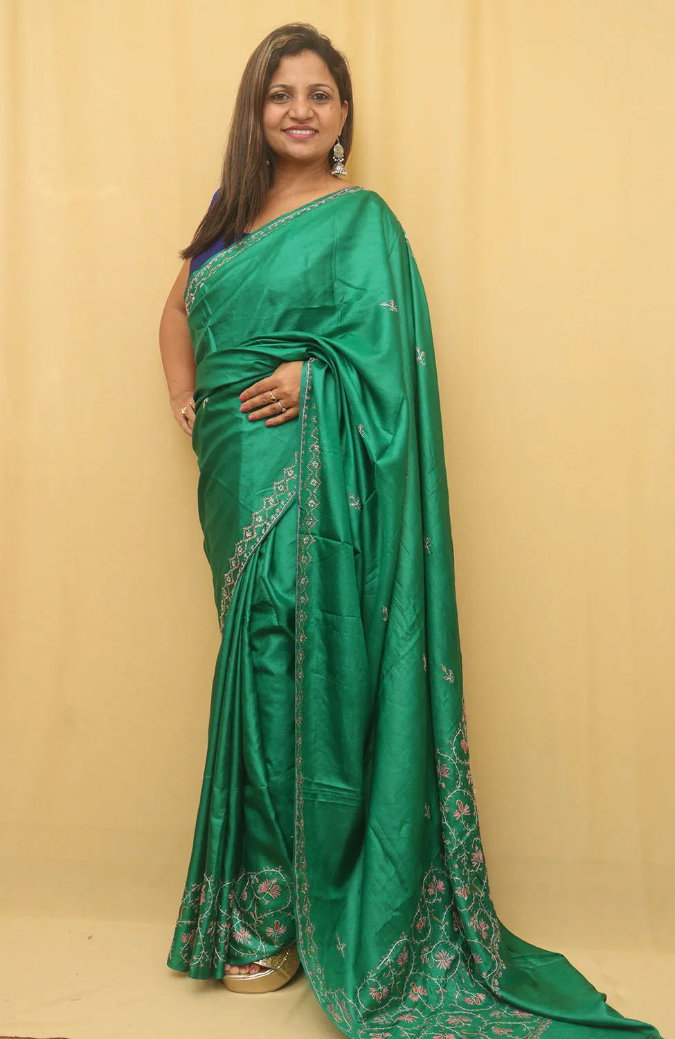 Stunning Green Sozni Work Kashmiri Silk Saree with Embroidery