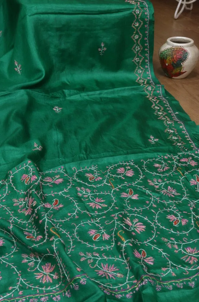 Stunning Green Sozni Work Kashmiri Silk Saree with Embroidery