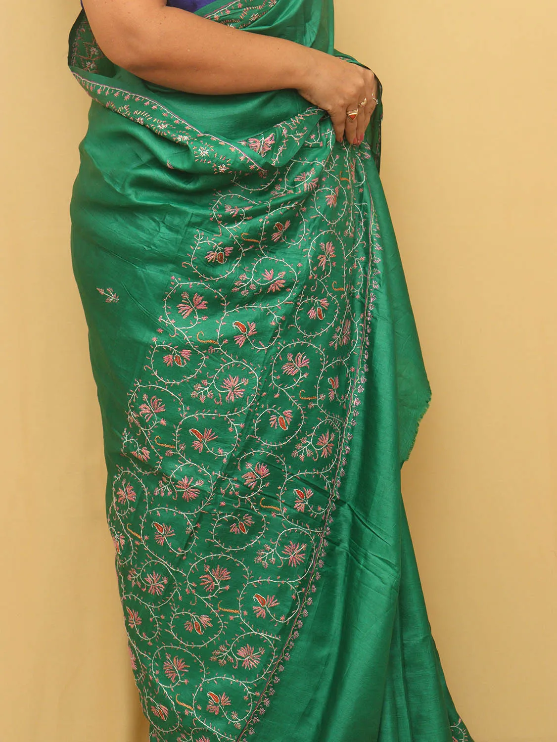 Stunning Green Sozni Work Kashmiri Silk Saree with Embroidery