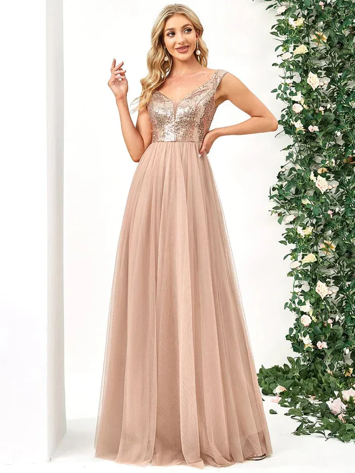 Stunning High Waist Tulle & Sequin Sleeveless Evening Dress