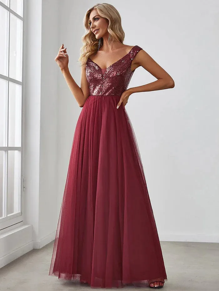 Stunning High Waist Tulle & Sequin Sleeveless Evening Dress