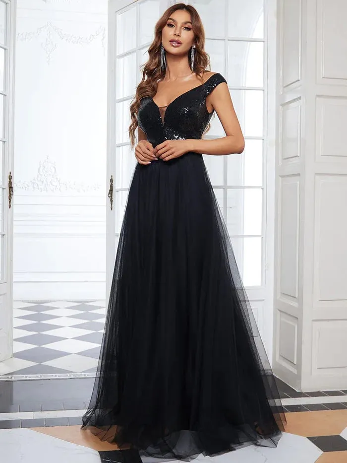 Stunning High Waist Tulle & Sequin Sleeveless Evening Dress