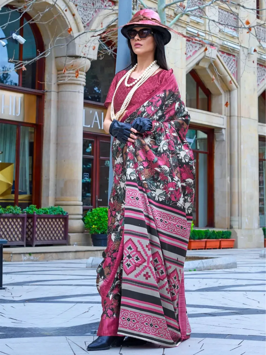 Stunning Light Burgundy Contemporary Printed Satin Crepe Saree