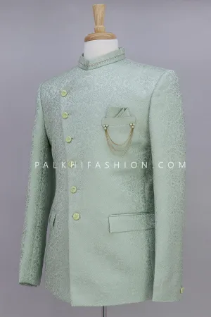 Stunning Light Green Jacquard Silk Jodhpuri Suit