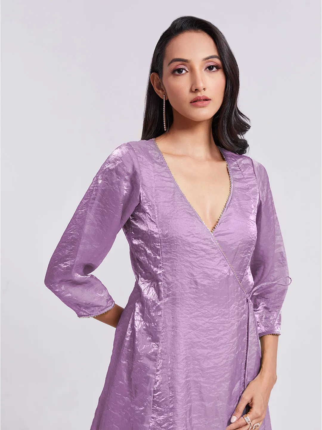 Stunning Lilac Purple Pure Organza Angrakha Style Kurta Set