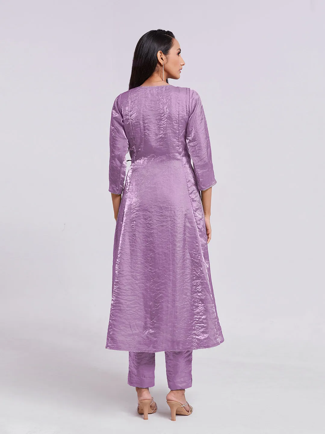 Stunning Lilac Purple Pure Organza Angrakha Style Kurta Set