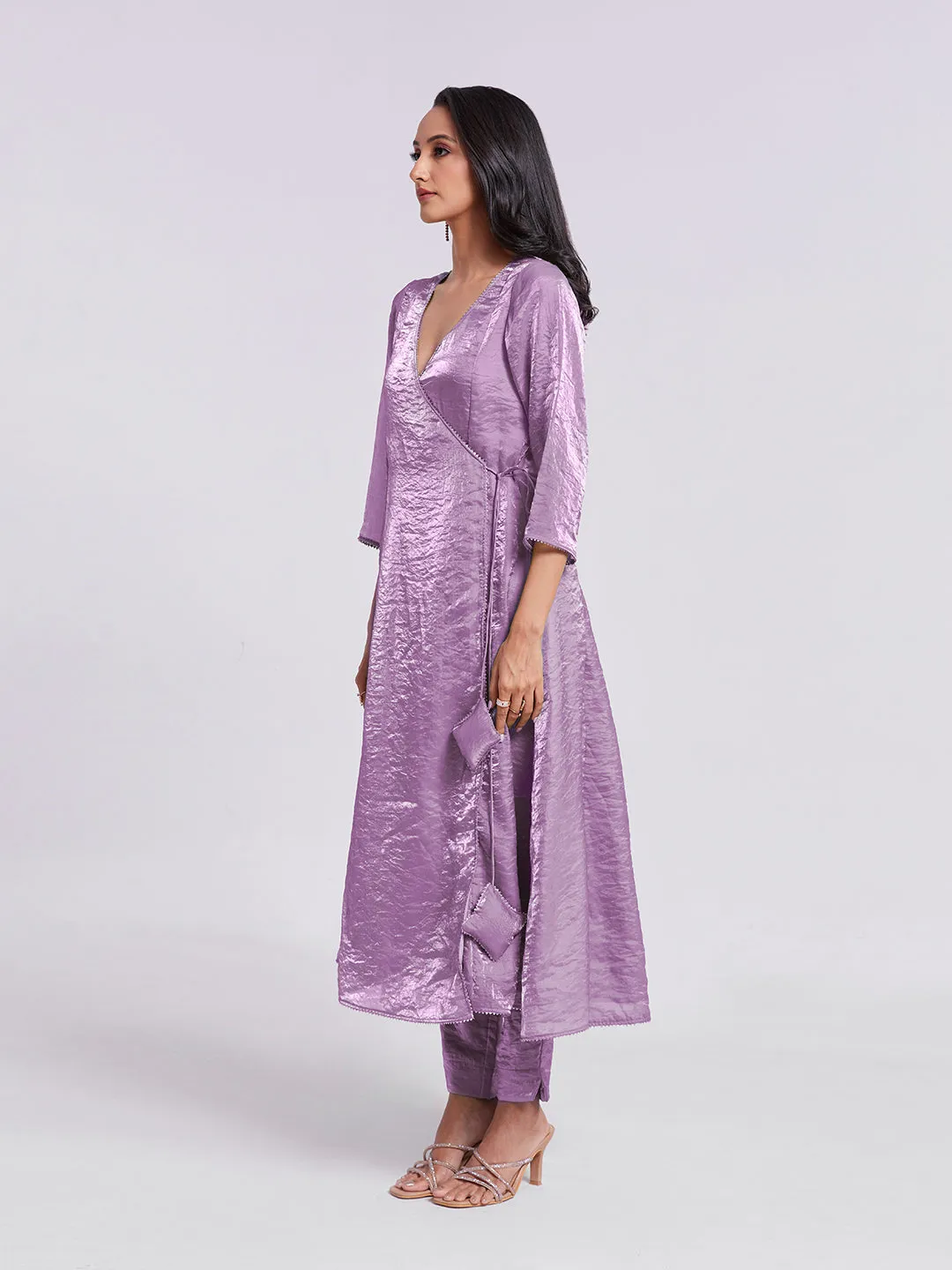 Stunning Lilac Purple Pure Organza Angrakha Style Kurta Set